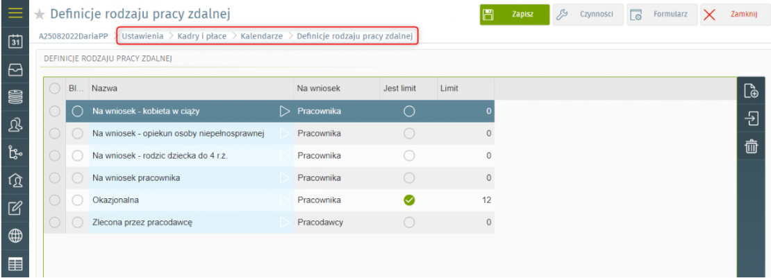 Lista dostępnych definicji pracy zdalnej w enova365