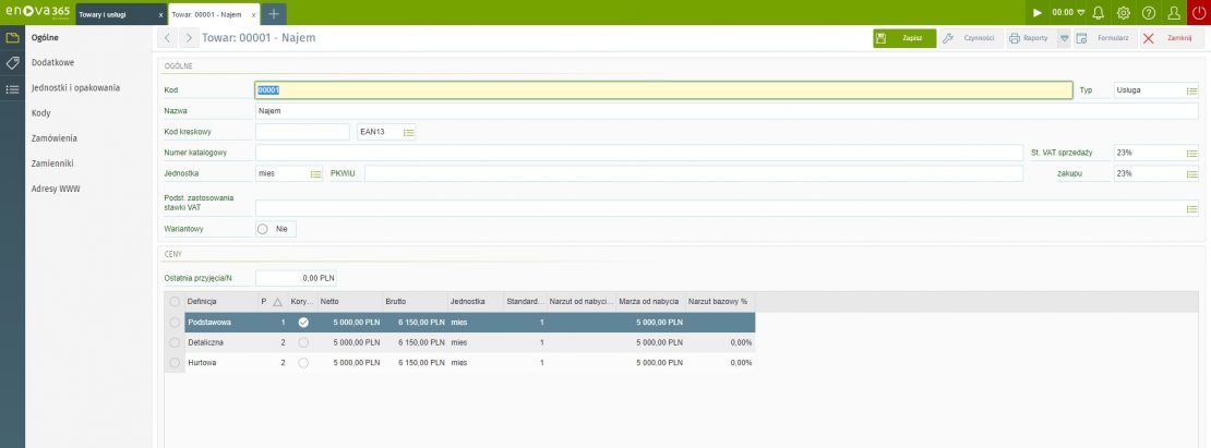 Przykładowa usługa lub usługi wykorzystywane do rozliczania najmu, opierające się o jednostki czasowe (domyślnie miesiąc, dzień, godzina)