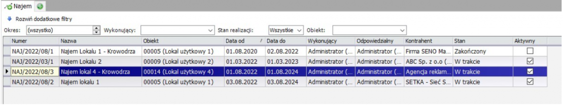 Lista lokali do wynajęcia i ich statusu w module Nieruchomości enova365
