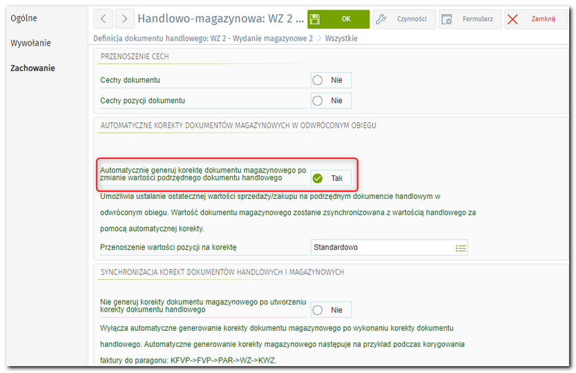 Parametr umożliwiający automatyczną korektę dokumentów magazynowych