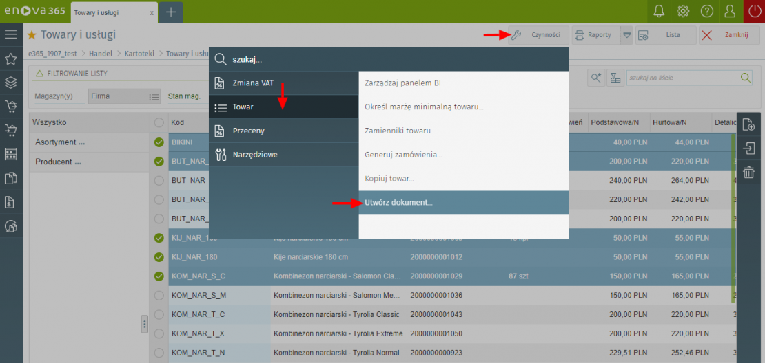 Tworzenie dokumentu inwentaryzacji z poziomu listy "Towary i usługi"